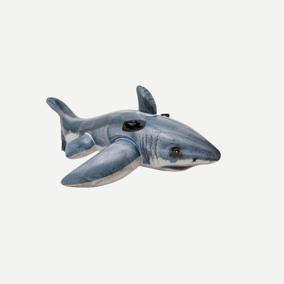 A grey inflatable Great White Shark pool float for children