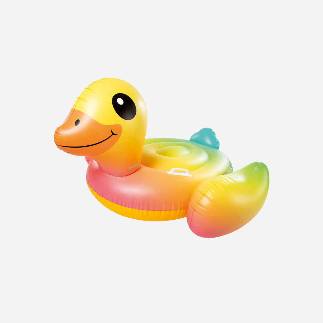 Large inflatable yellow duck pool ride-on floating on a plain background