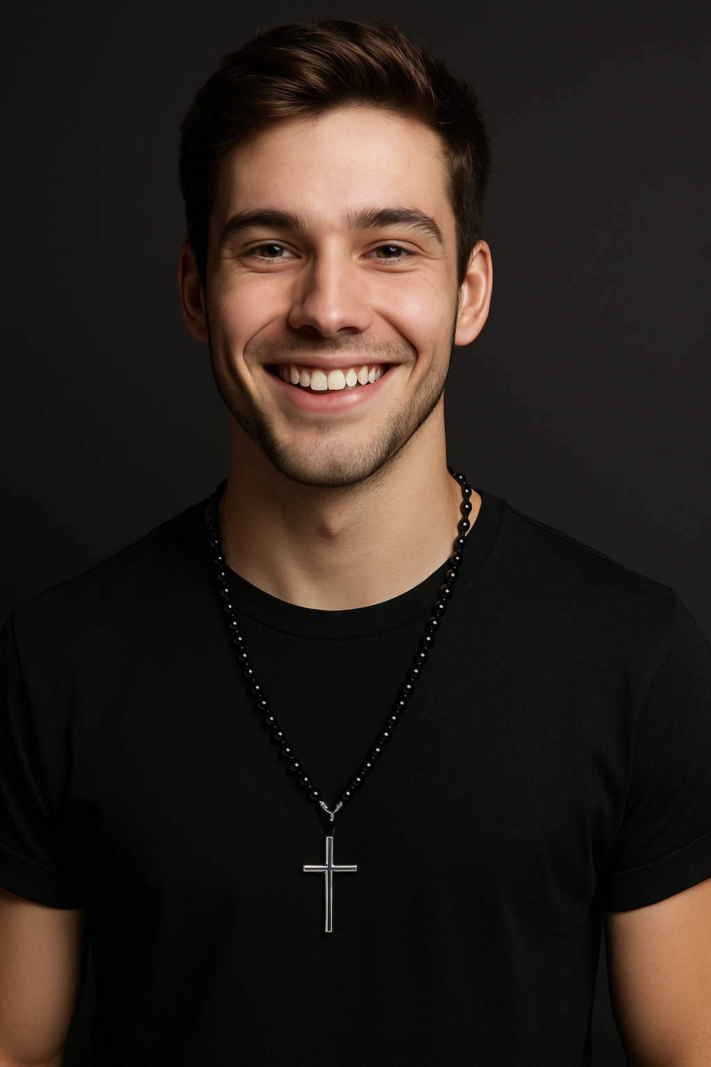 Black Beaded Cross Necklace – Sleek Gothic-Inspired Rosary Style