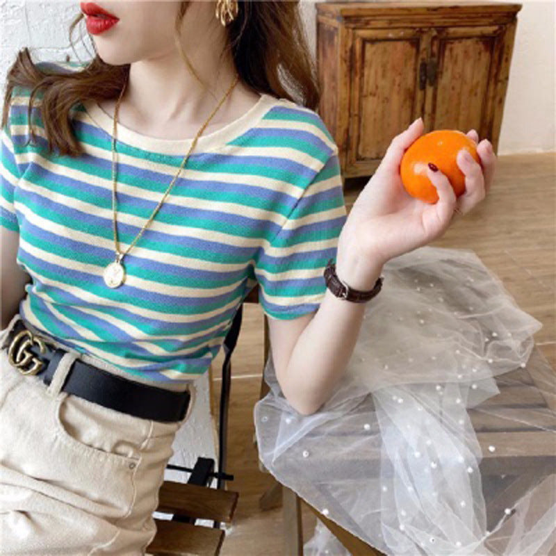Women Striped Slim Fit Short Sleeve Casual Tee Shirt Top - Image 3
