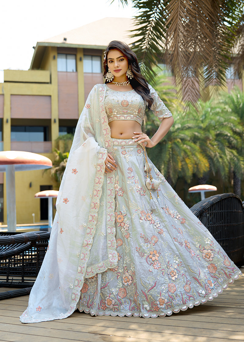 Light grey designer silk lehenga choli with detailed embroidery