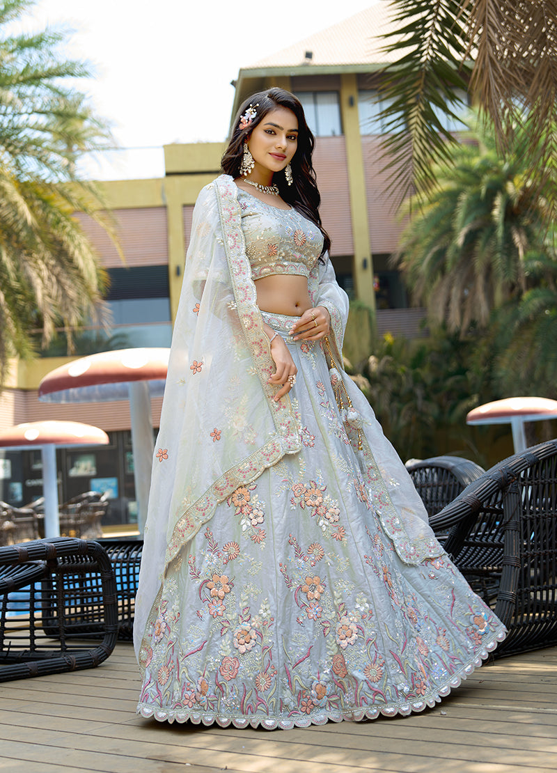 Light Grey Silk Embroidered Designer Lehenga Choli