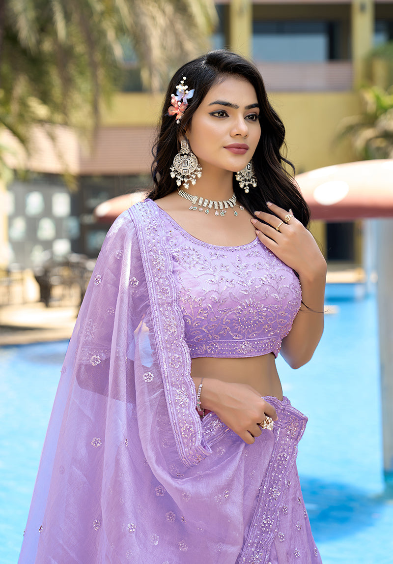 Lavender Organza Sequins and Stone Work Lehenga Choli Set