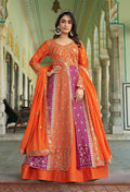 Orange and pink Anarkali gown with detailed resham thread embroidery