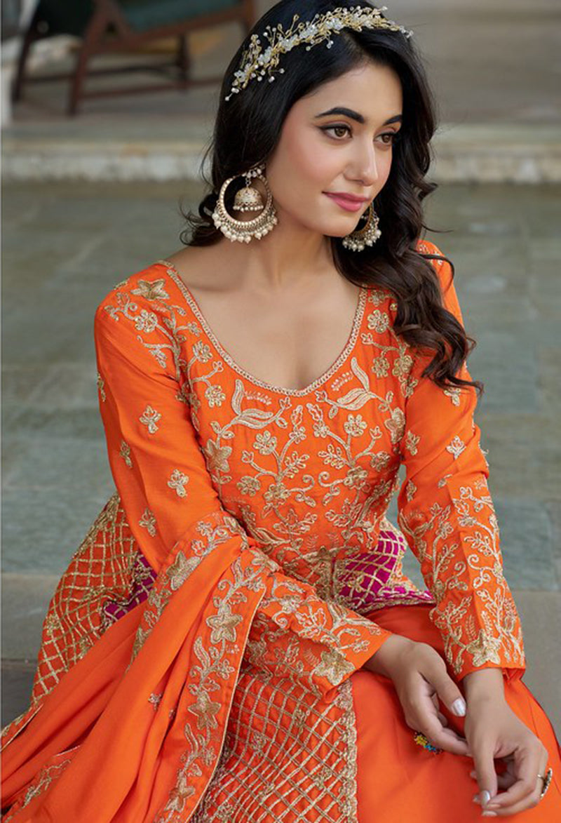 Orange and Pink Embroidered Anarkali Gown