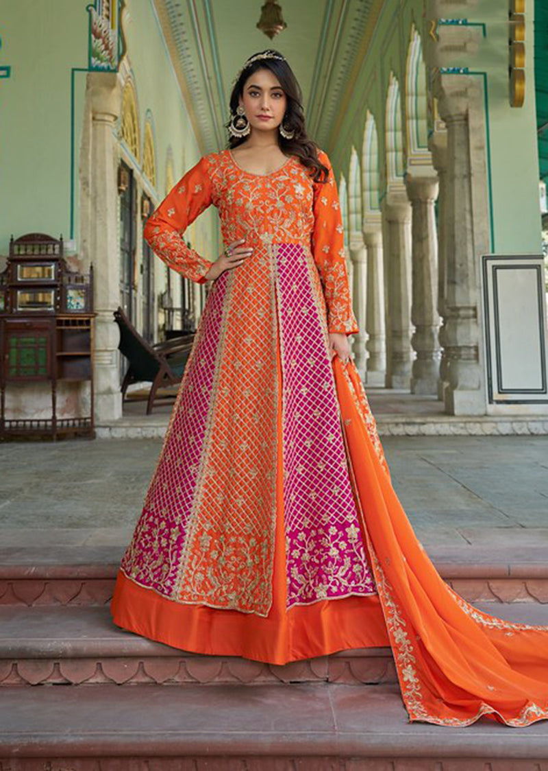 Orange and Pink Embroidered Anarkali Gown