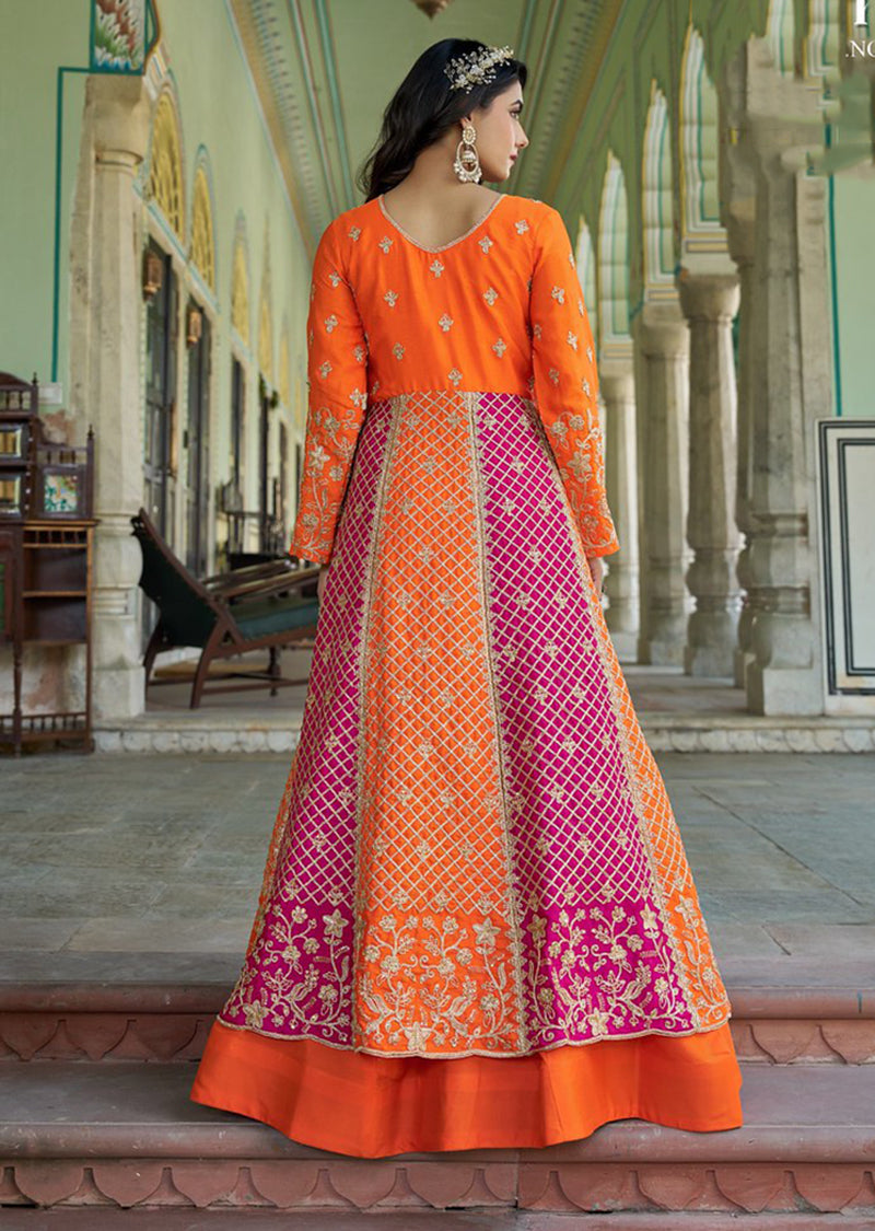 Orange and Pink Embroidered Anarkali Gown