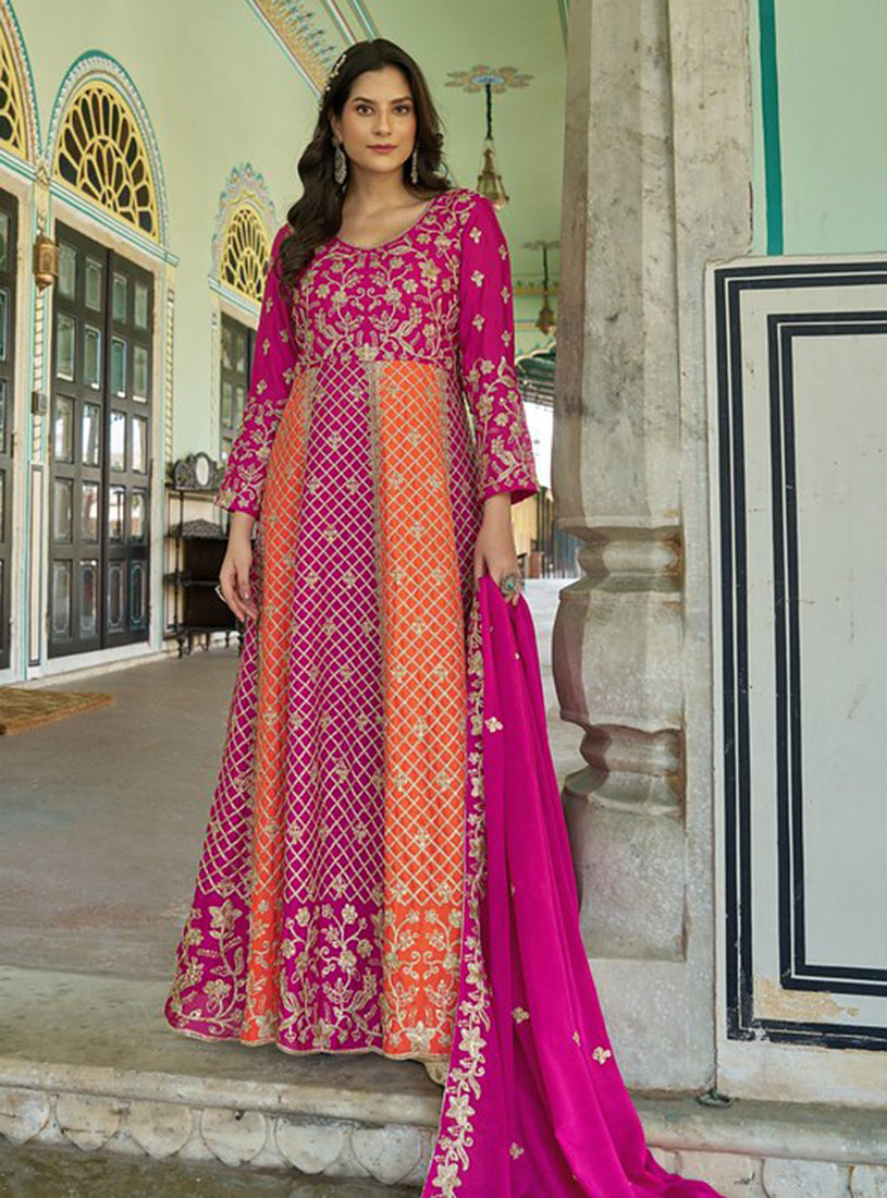 Rani Pink and Orange Anarkali gown with detailed resham embroidery