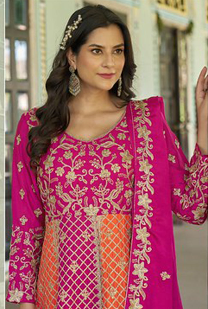 Rani Pink and Orange Embroidered Anarkali Gown