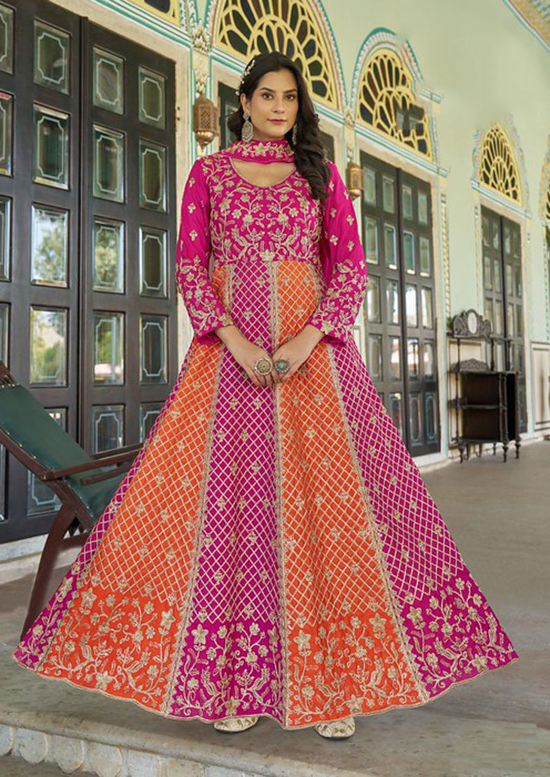 Rani Pink and Orange Embroidered Anarkali Gown