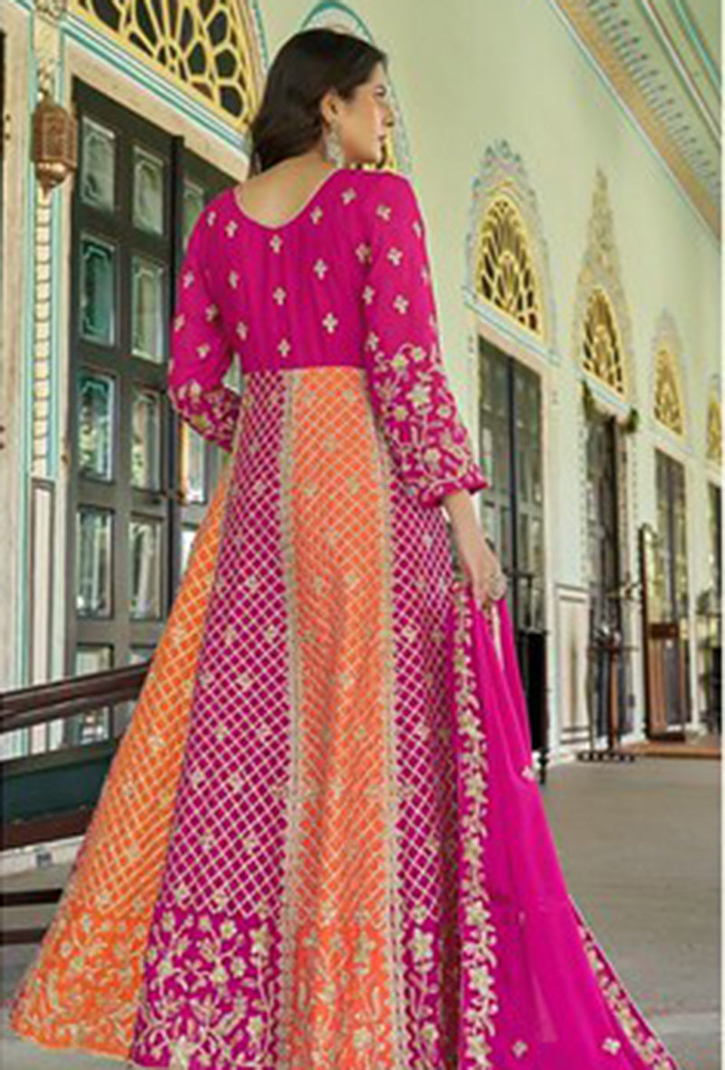 Rani Pink and Orange Embroidered Anarkali Gown