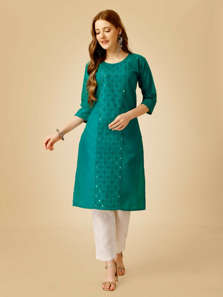 Women's Rama Cotton Blend Embroidered Straight Kurta Pant Set