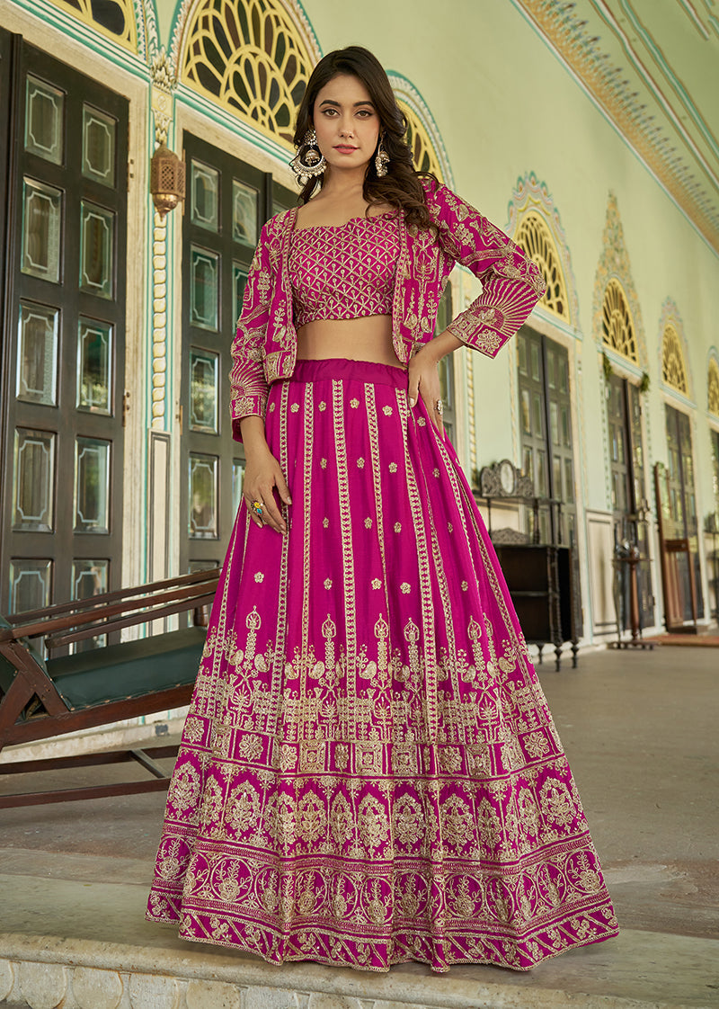 Magenta Chinnon Koti style lehenga choli with heavy embroidery