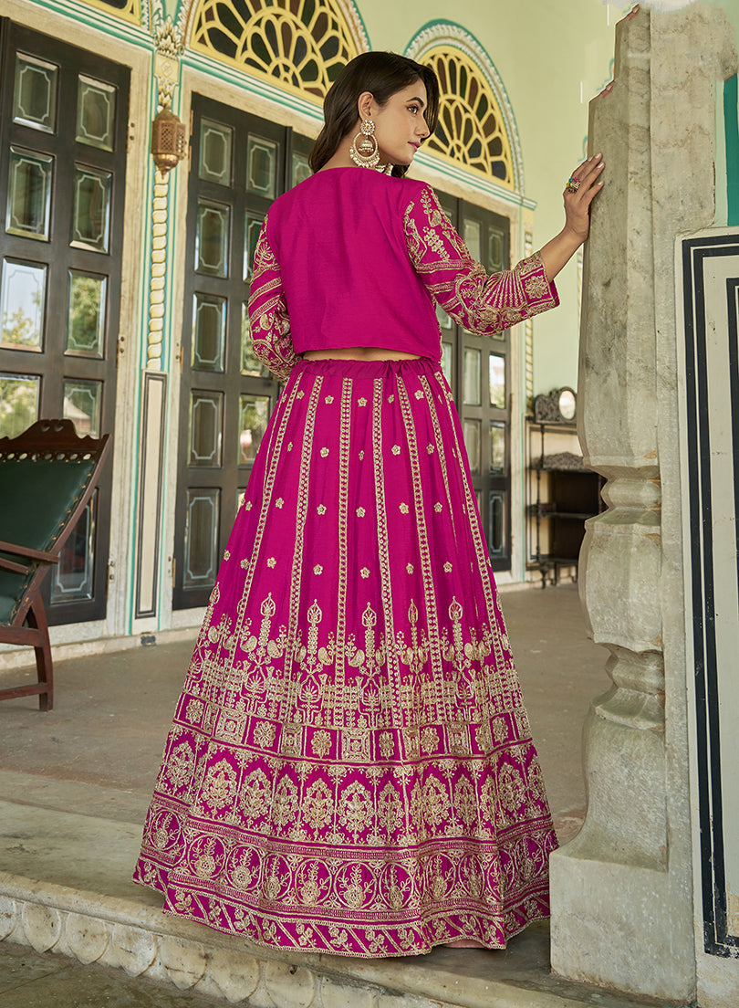 Magenta Chinnon Heavy Embroidered Koti Style Lehenga Choli