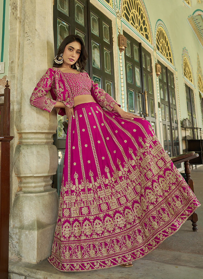 Magenta Chinnon Heavy Embroidered Koti Style Lehenga Choli