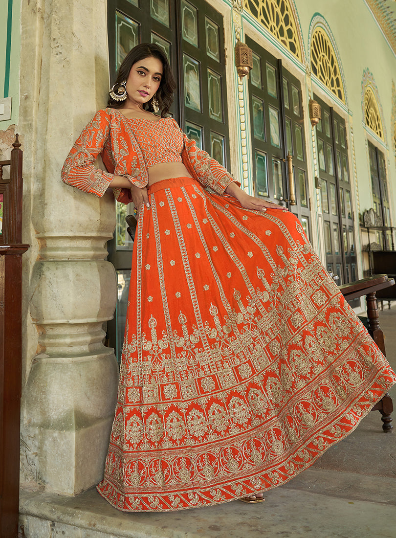 Orange Chinnon Heavy Embroidered Koti Style Lehenga Choli