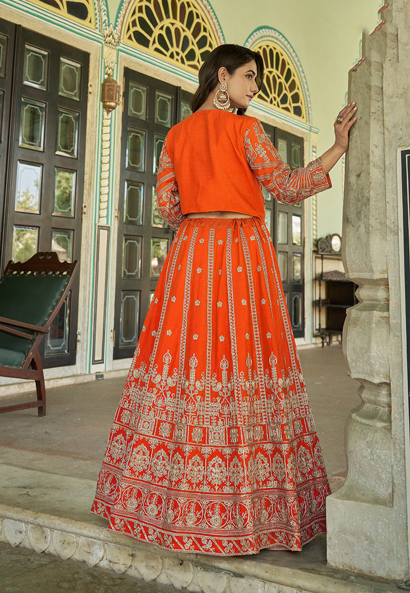 Orange Chinnon Heavy Embroidered Koti Style Lehenga Choli