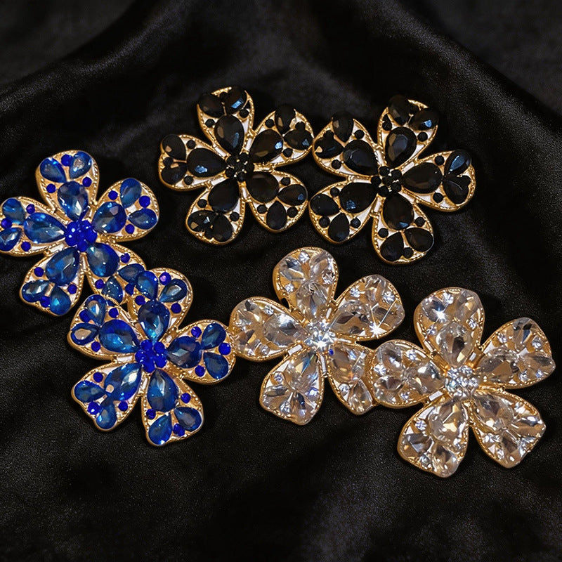 Womens Exaggerated Large Flower Rhinestone Stud Earrings,Heavy Craft Style Light Luxury Party Fashion Earrings