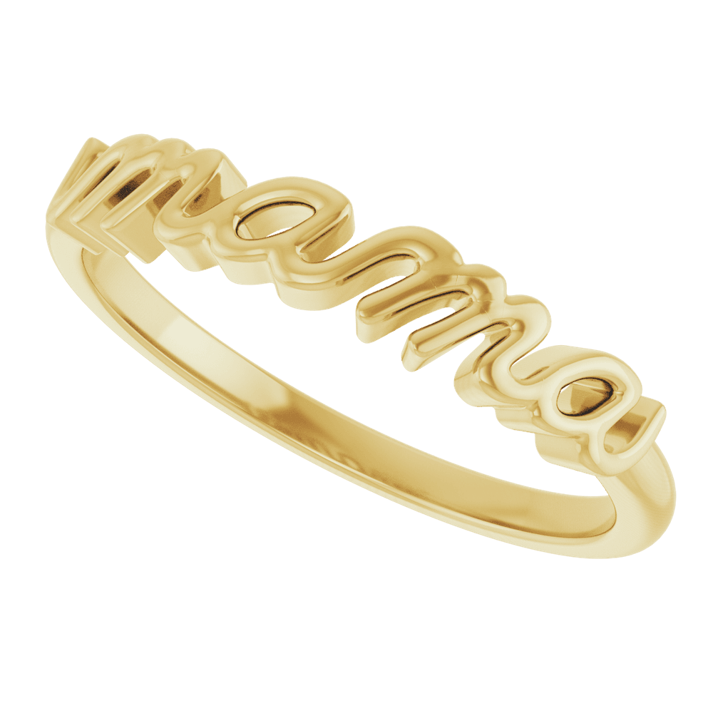 A delicate gold minimalist Mama script ring on a finger, showcasing polished finish.