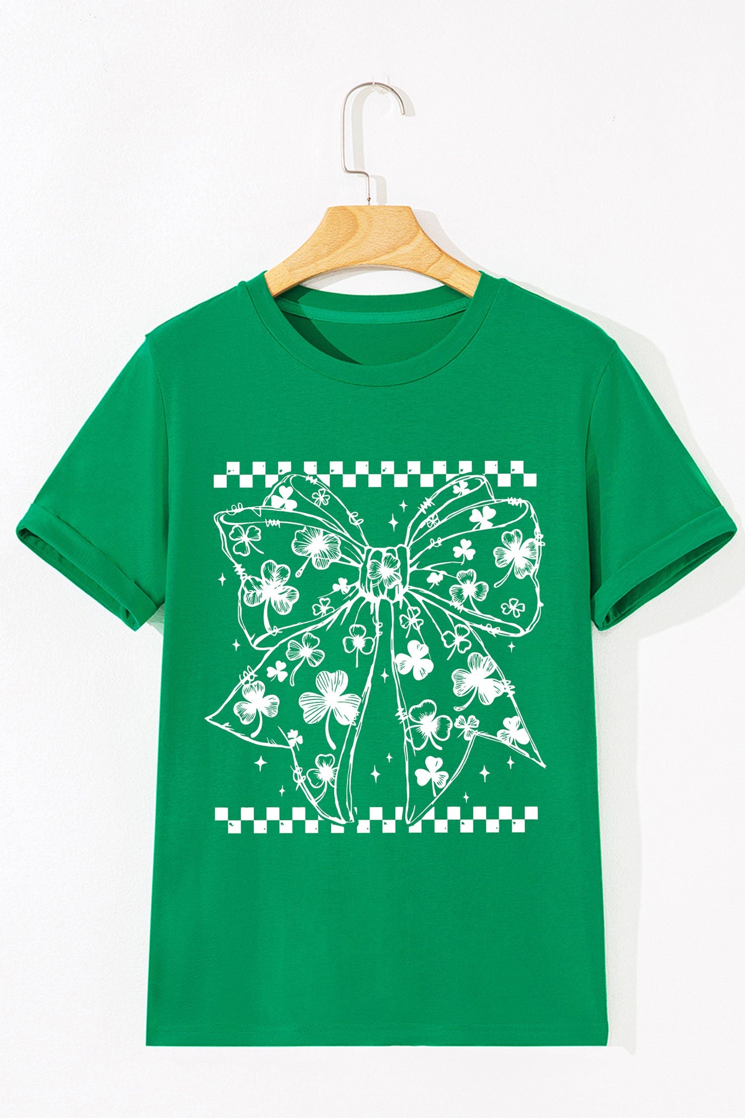 Bright Green Clover Bow Checkered Casual T-Shirt
