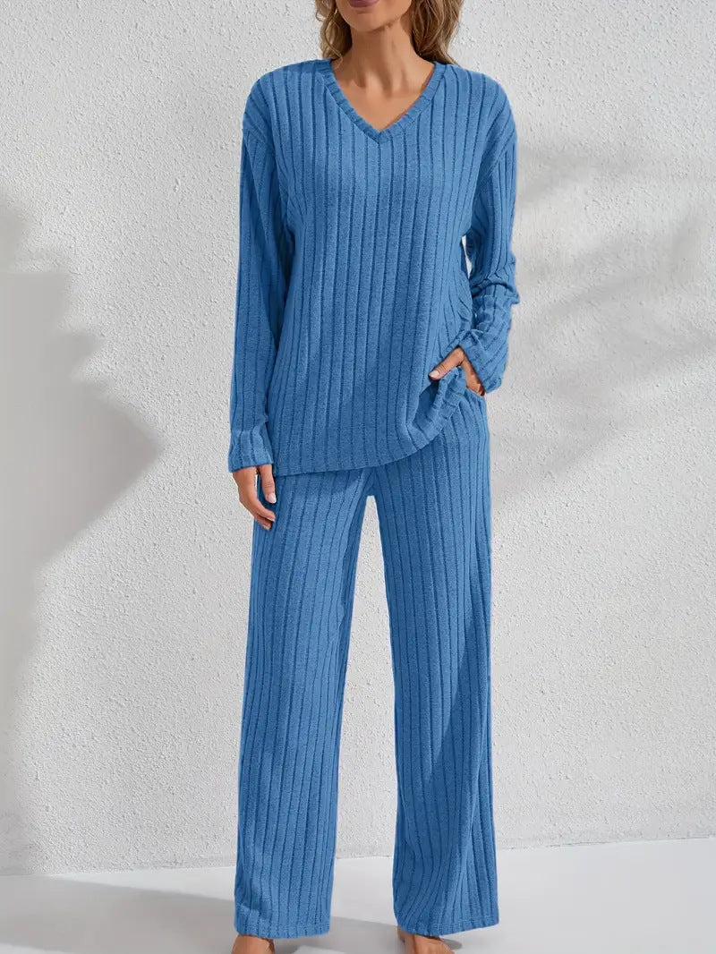 Women's Ribbed Long Sleeve Top and Pants Loungewear Set - Image 6