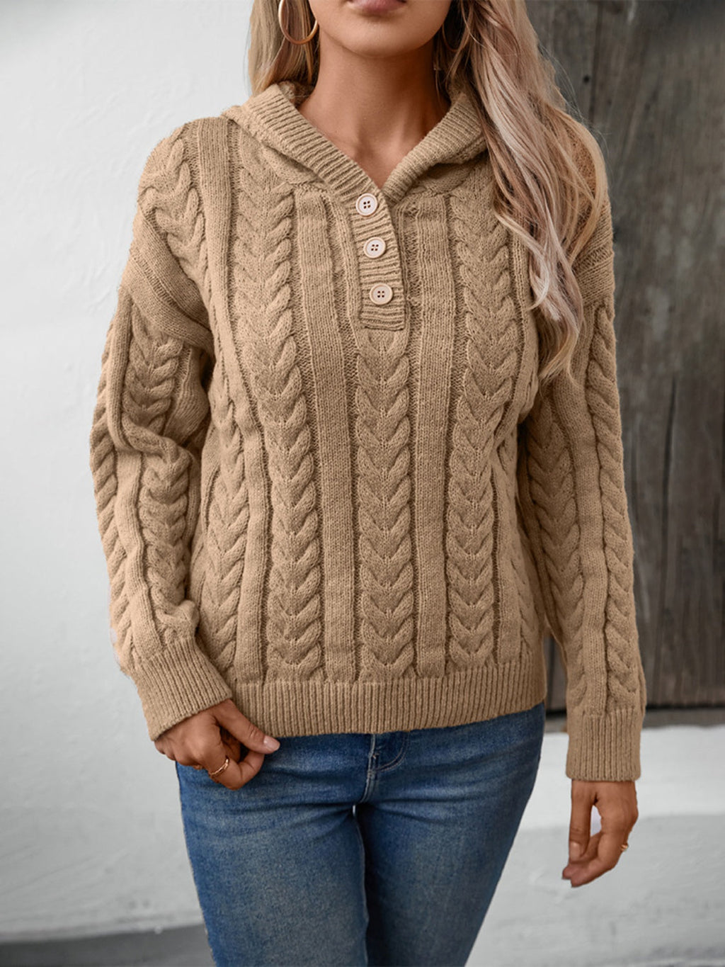 Women's Button-Down Cable-Knit Hooded Sweater in Tan - Image 5