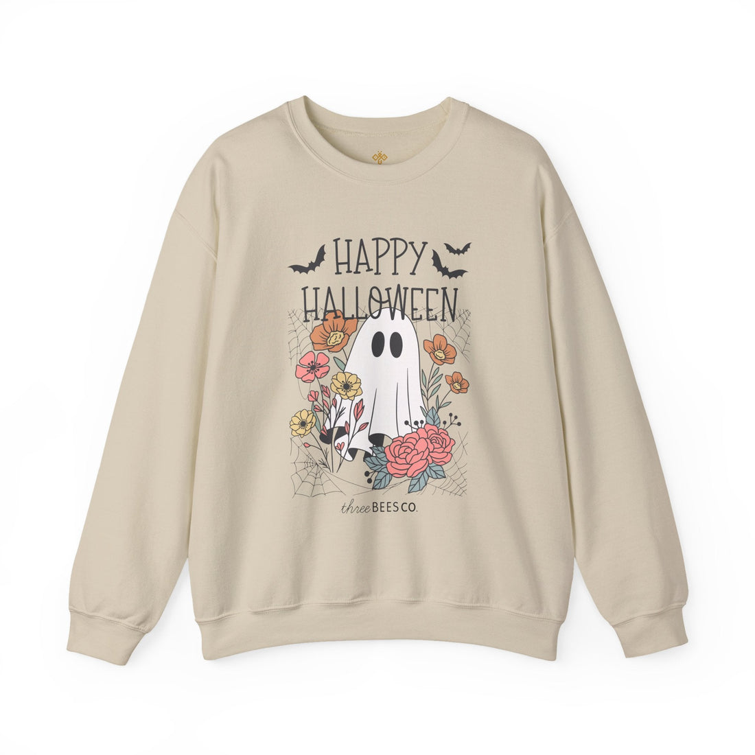Happy Halloween Ghost Floral Sweatshirt | Cozy Gildan Unisex Crewneck, Three Bees Co. Fall Fashion, Halloween Apparel, Spooky Season Essentials