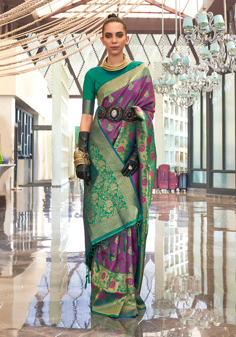 Green and magenta handloom silk blend saree with intricate weaving