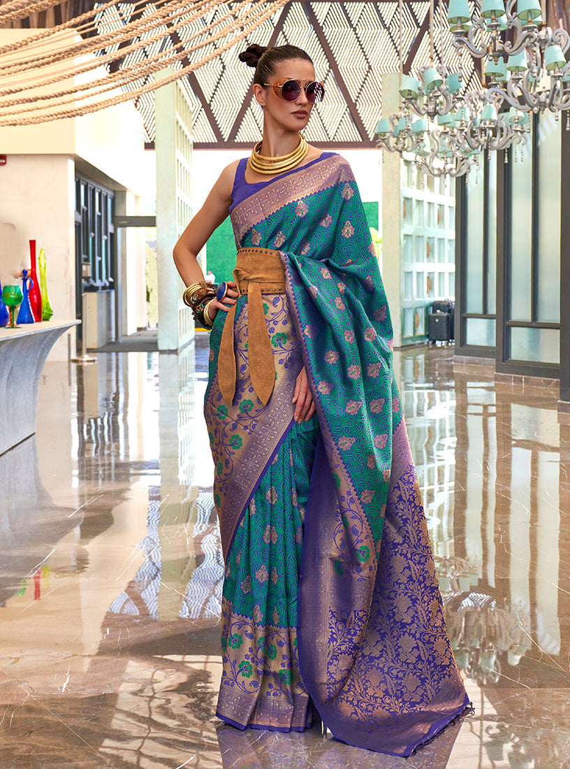 Teal and Violet handloom silk blend trendy saree with weaving patterns