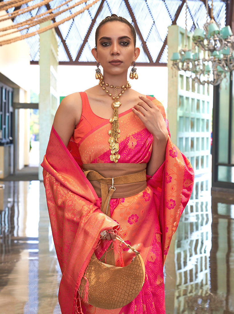 Peach and Pink Handloom Silk Blend Trendy Weaving Saree