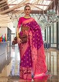Purple and Rani Pink handloom silk blend saree with traditional weaving