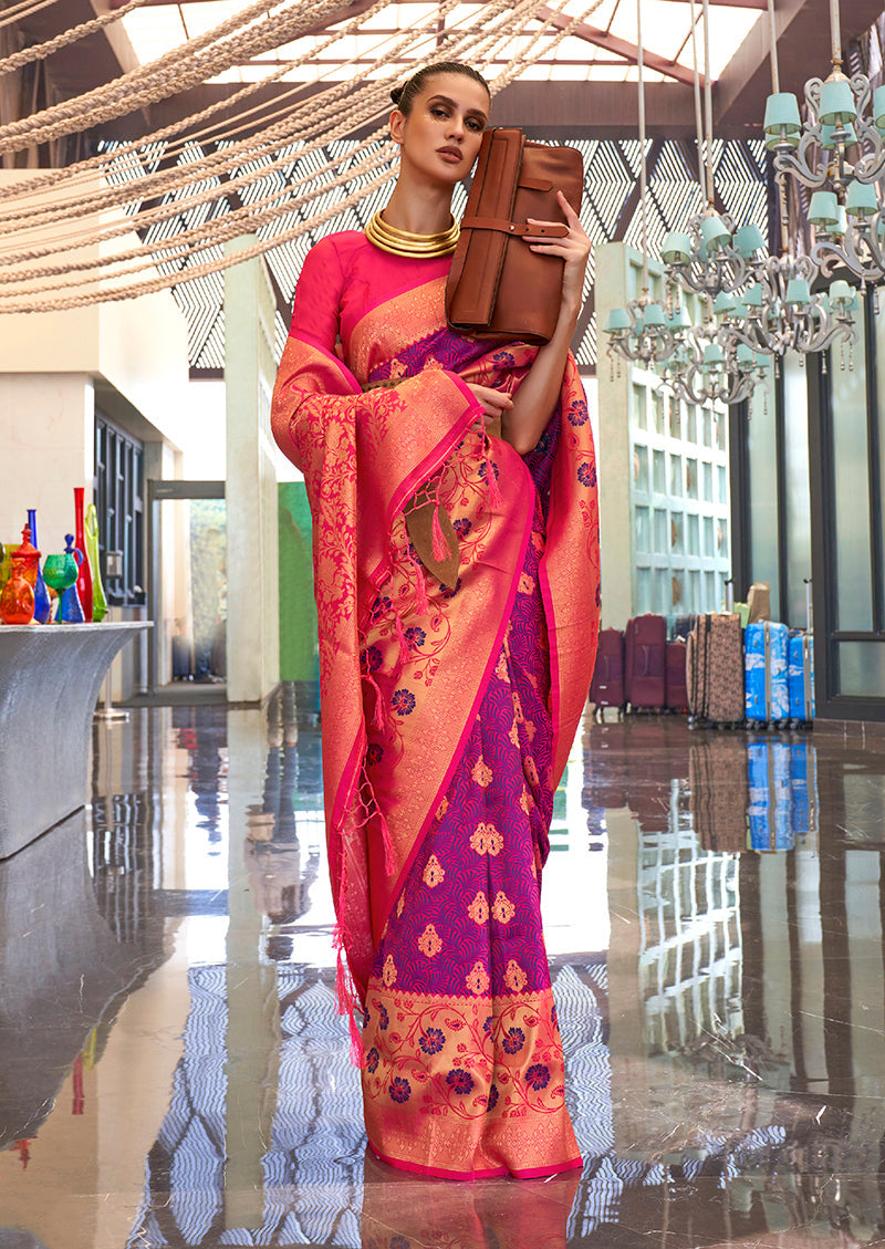 Handloom Silk Blend Trendy Saree in Purple and Rani Pink