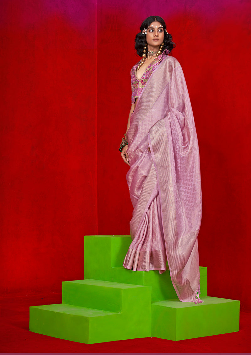 Pink viscose saree with traditional zari border and matching blouse