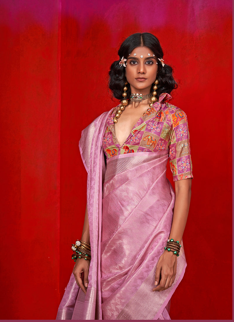 Pink Viscose Saree With Traditional Zari Weaving Border