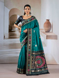 Elegant teal handloom silk blend designer saree with detailed woven patterns