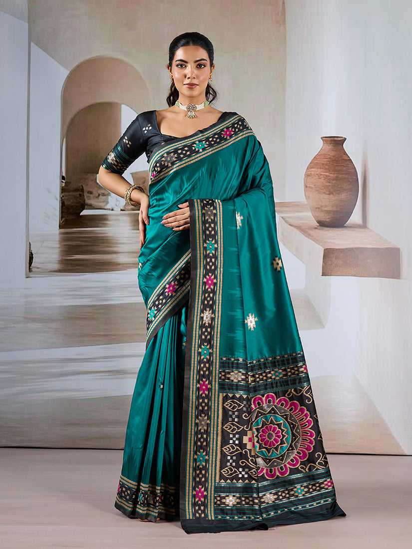 Elegant teal handloom silk blend designer saree with detailed woven patterns
