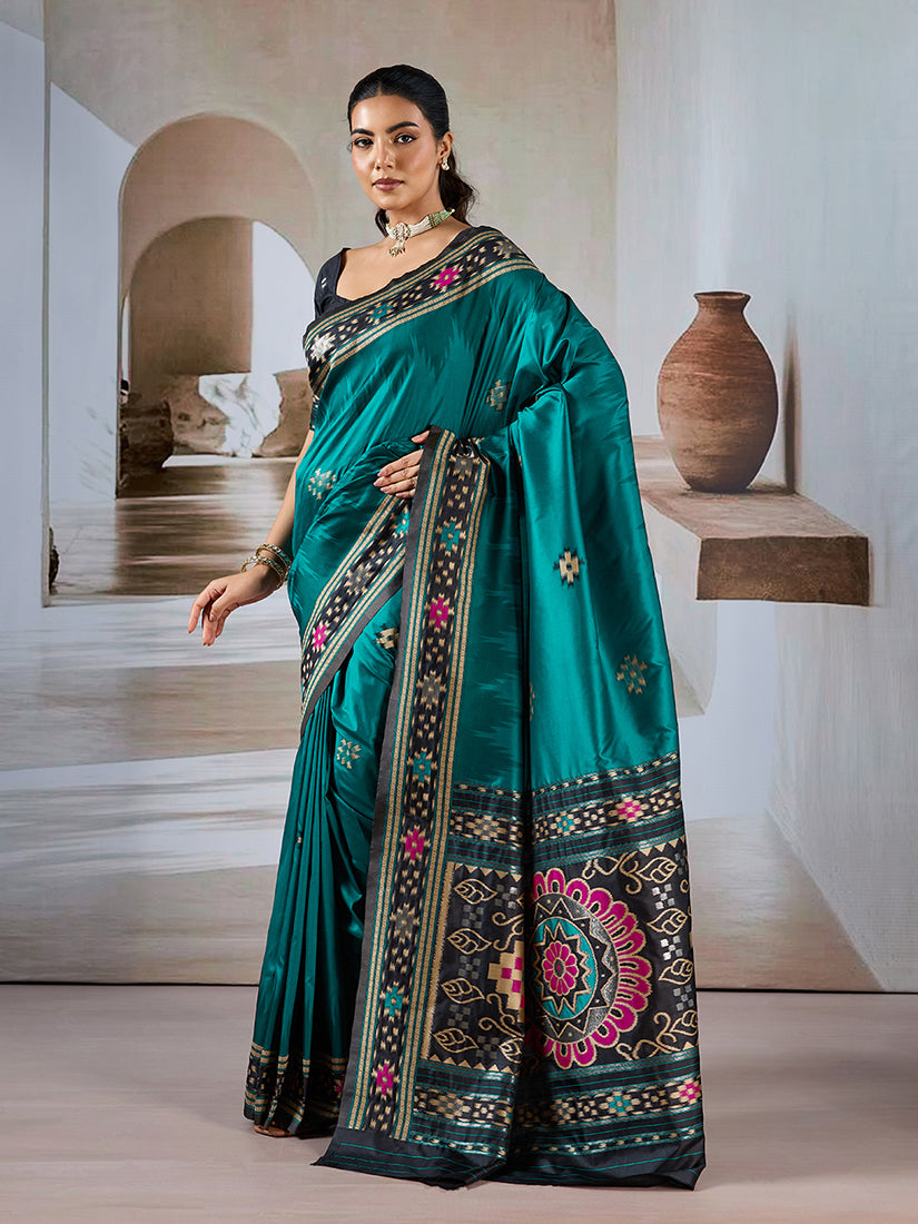 Teal Handloom Silk Blend Designer Woven Saree