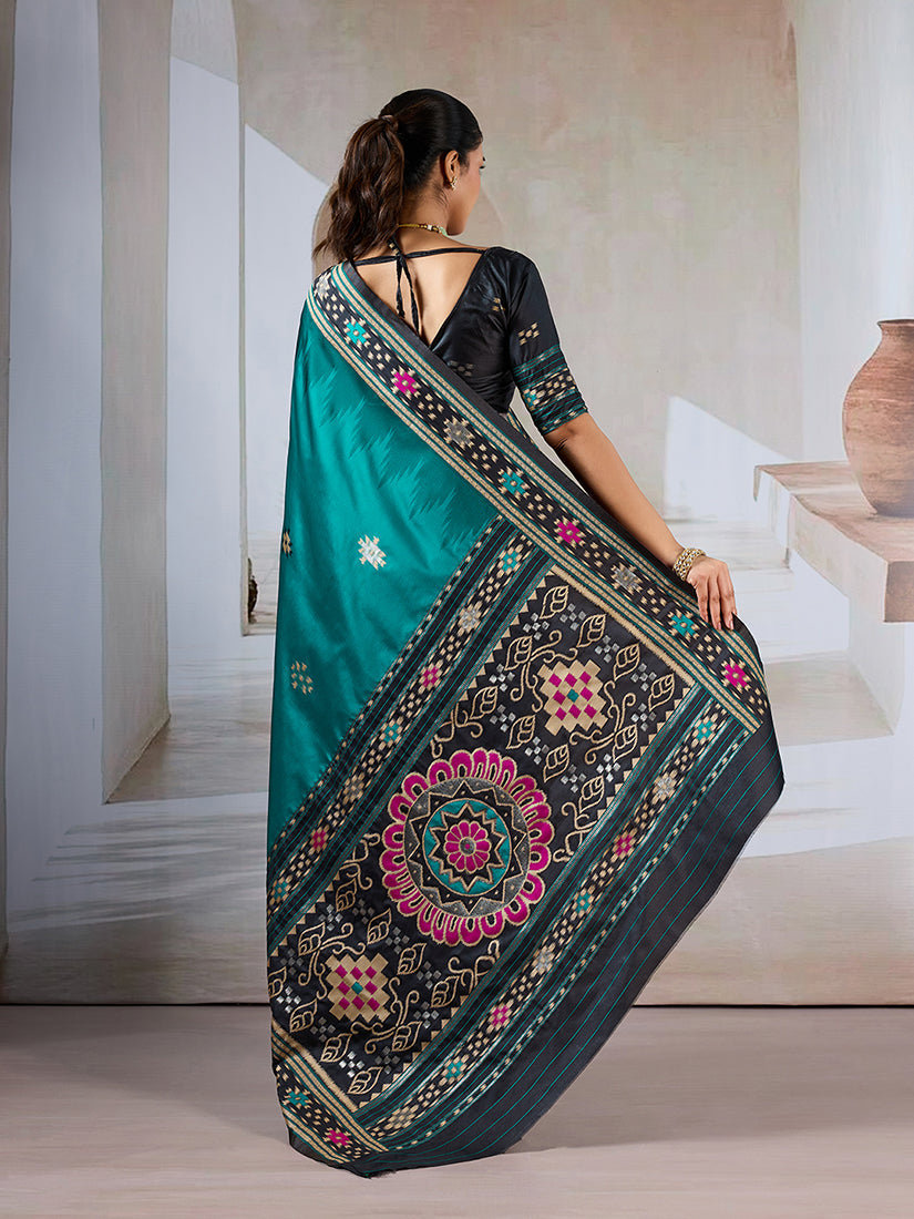 Teal Handloom Silk Blend Designer Woven Saree