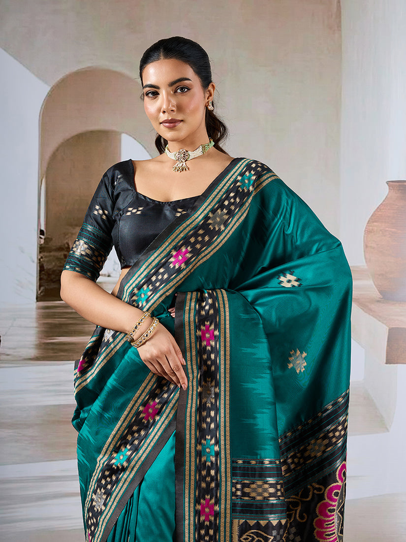 Teal Handloom Silk Blend Designer Woven Saree