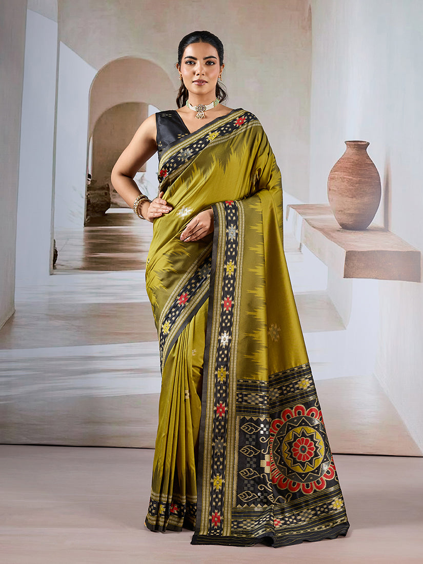 Olive handloom silk blend designer saree with detailed weaving