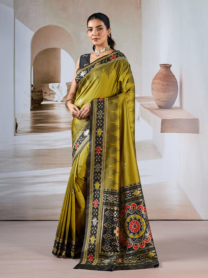 Olive Handloom Silk Blend Designer Saree with Weaving Patterns