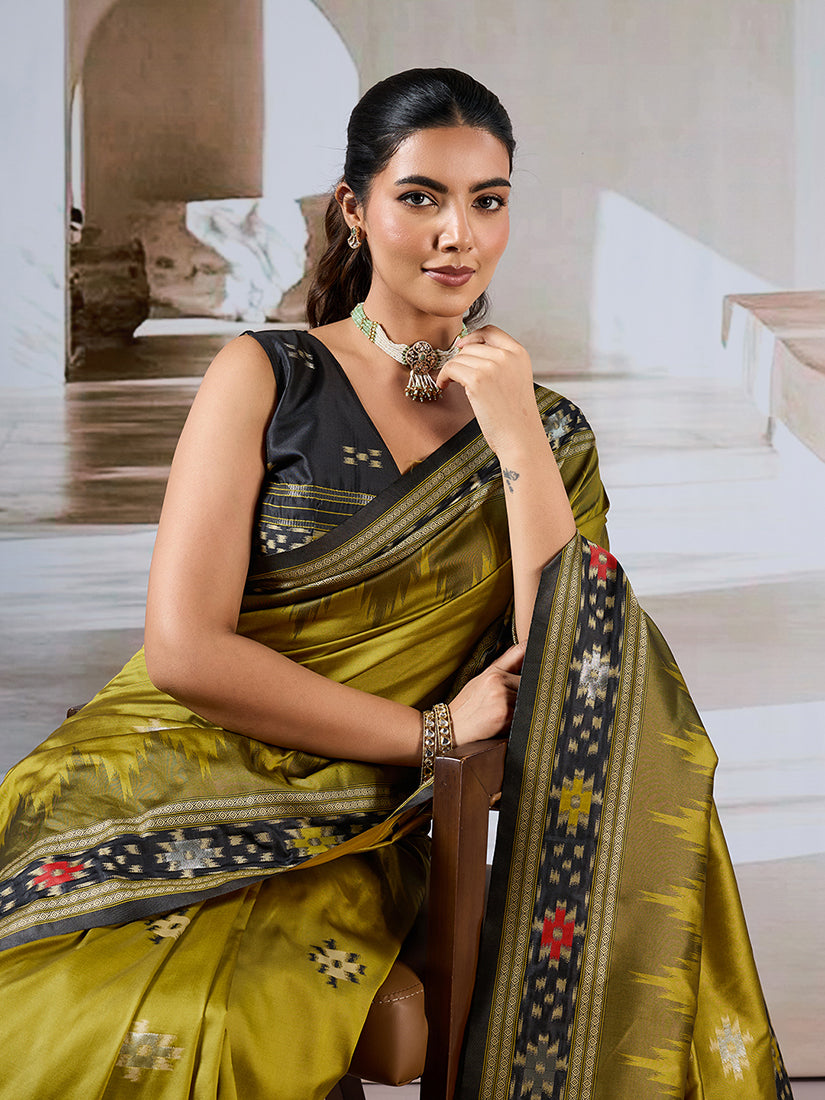Olive Handloom Silk Blend Designer Saree with Weaving Patterns