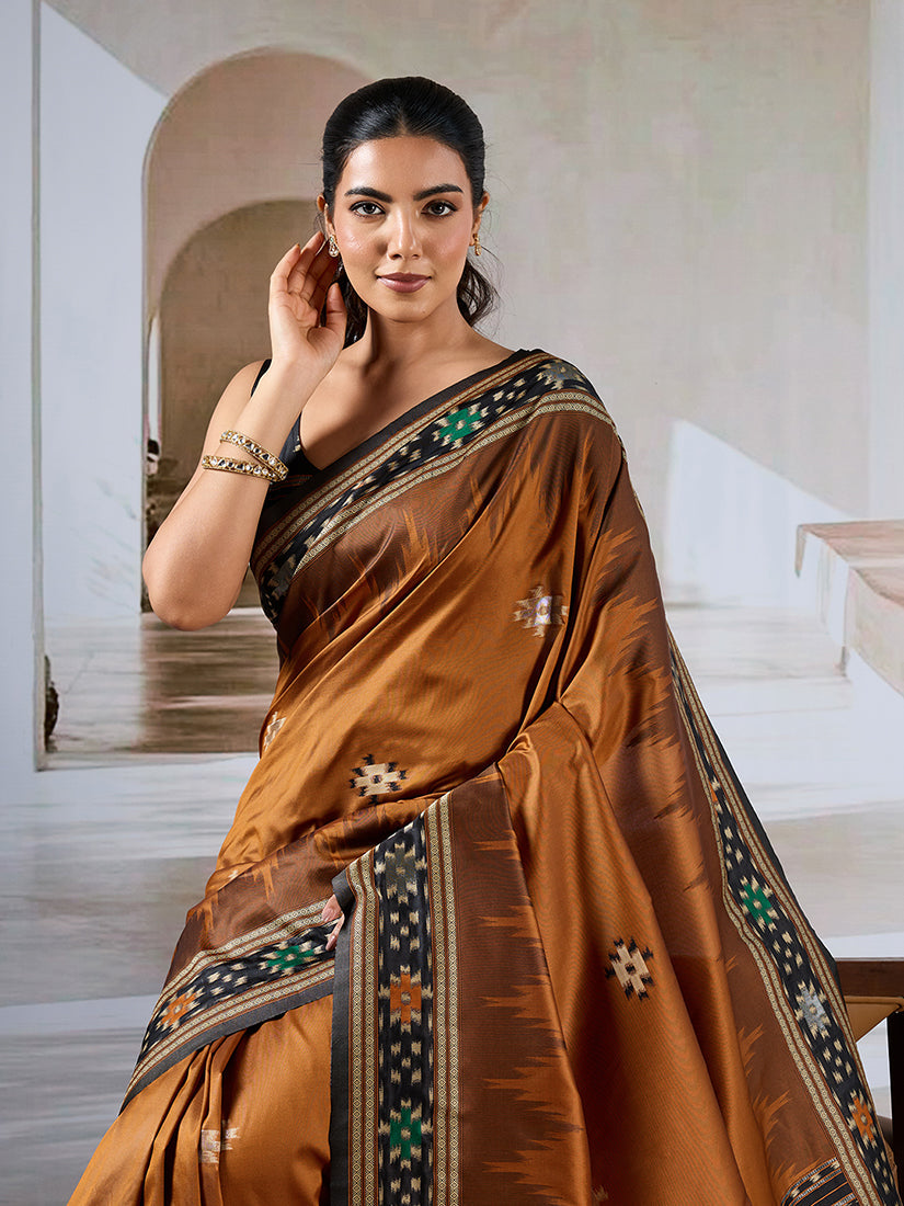 Rust Handloom Silk Blend Designer Woven Saree
