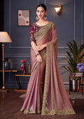 Pink double tone silk blend saree with creative designer embroidery.