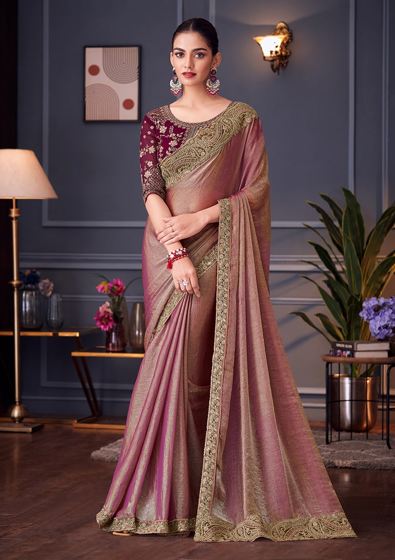 Pink double tone silk blend saree with creative designer embroidery.