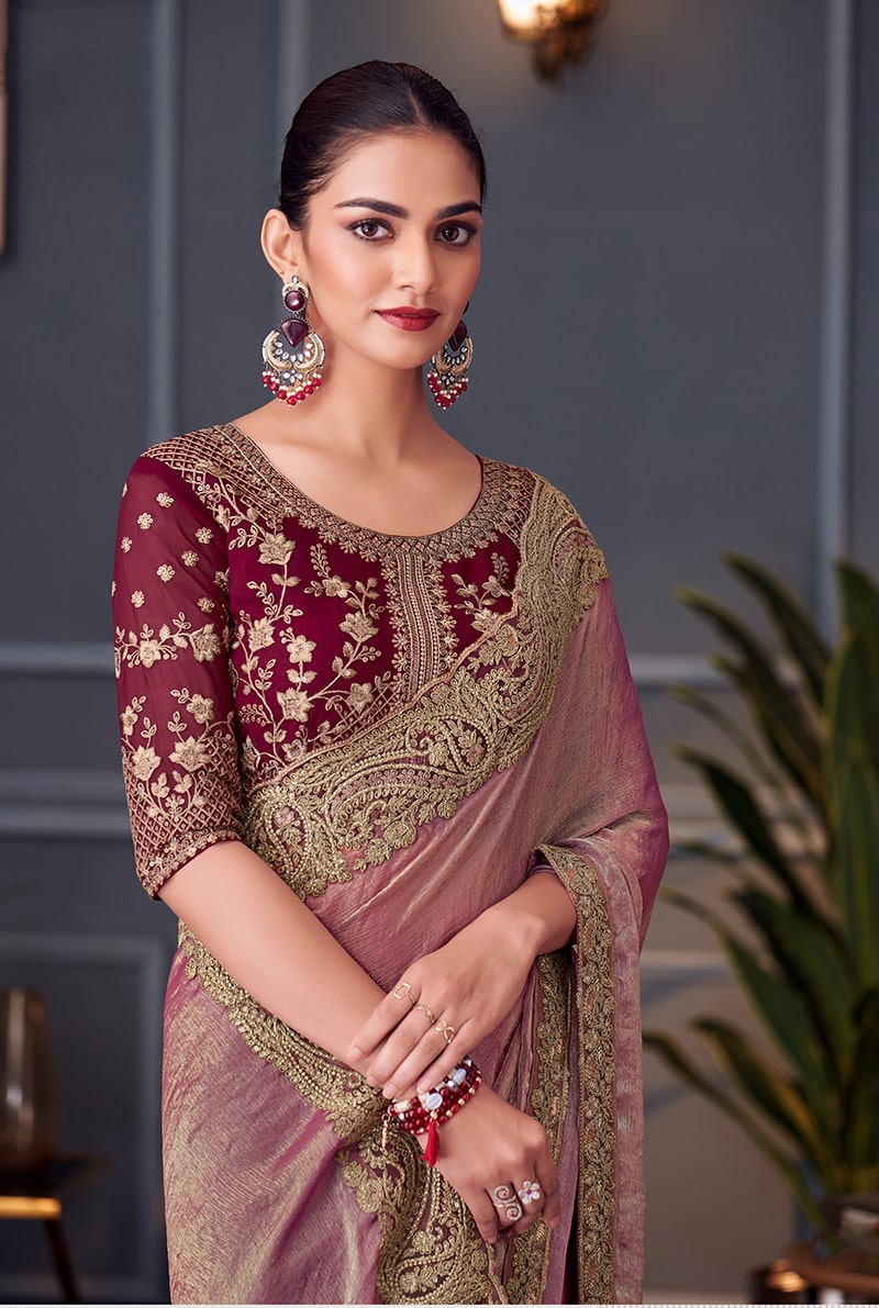 Pink Embroidered Double Tone Silk Blend Designer Saree