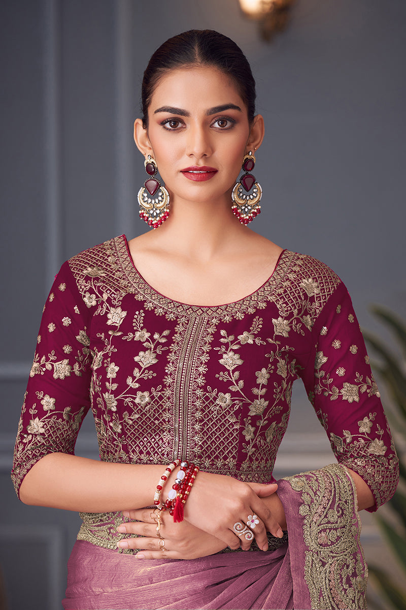 Pink Embroidered Double Tone Silk Blend Designer Saree