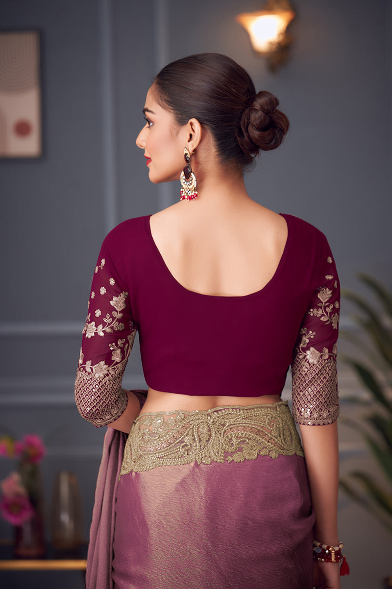 Pink Embroidered Double Tone Silk Blend Designer Saree