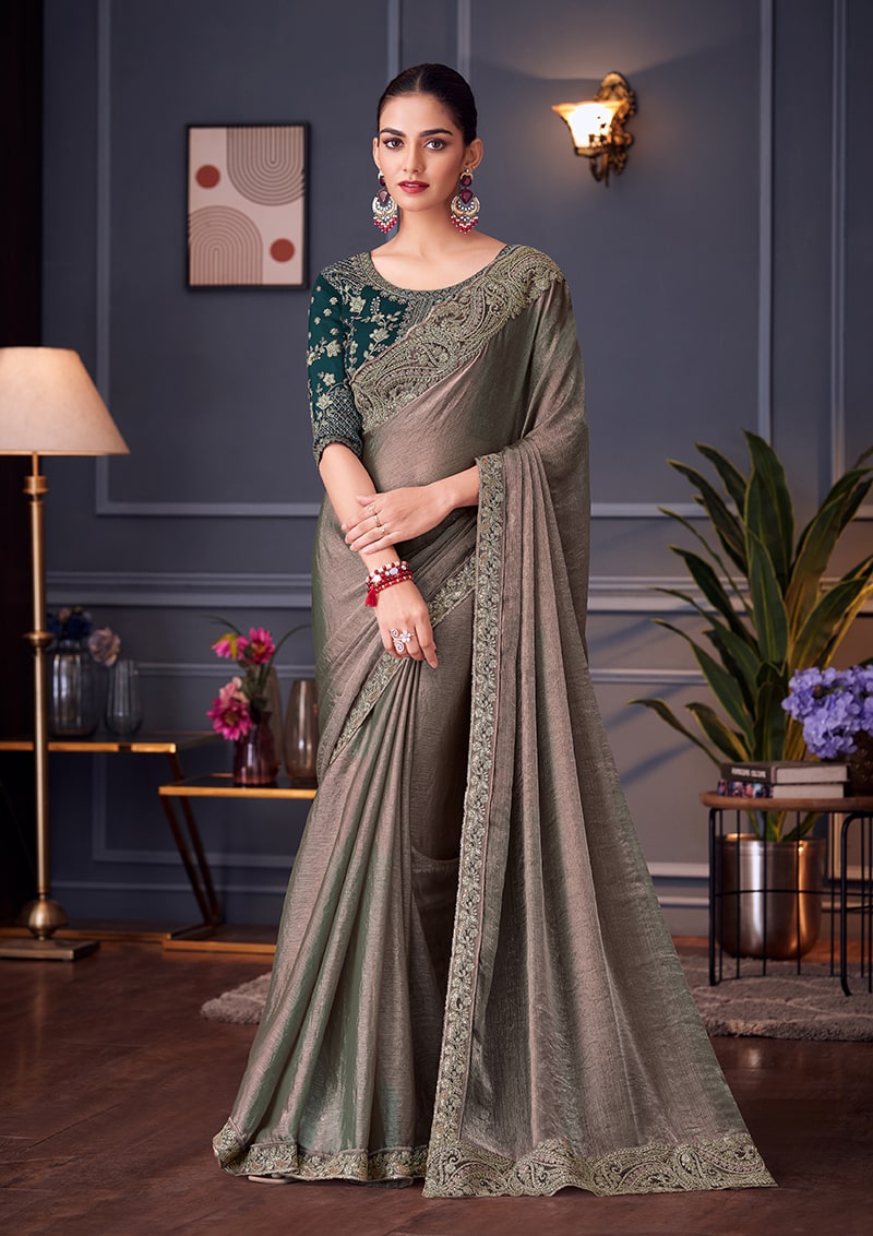 Grey double tone silk blend designer saree with detailed embroidery