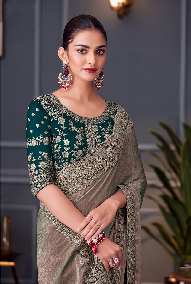 Grey Embroidered Double Tone Silk Blend Designer Saree